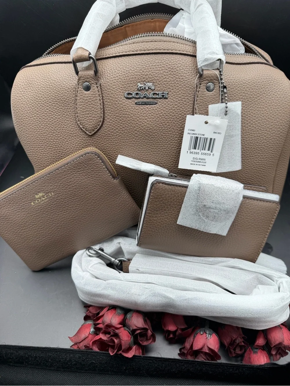 Coach Pebbled Leather Large Rowan Satchel Bag in Dark Stone / Taupe